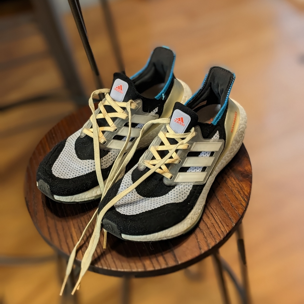 Women’s Adidas UltraBoost 21 Running Shoe in Black/White/Violet Tone, Size 8